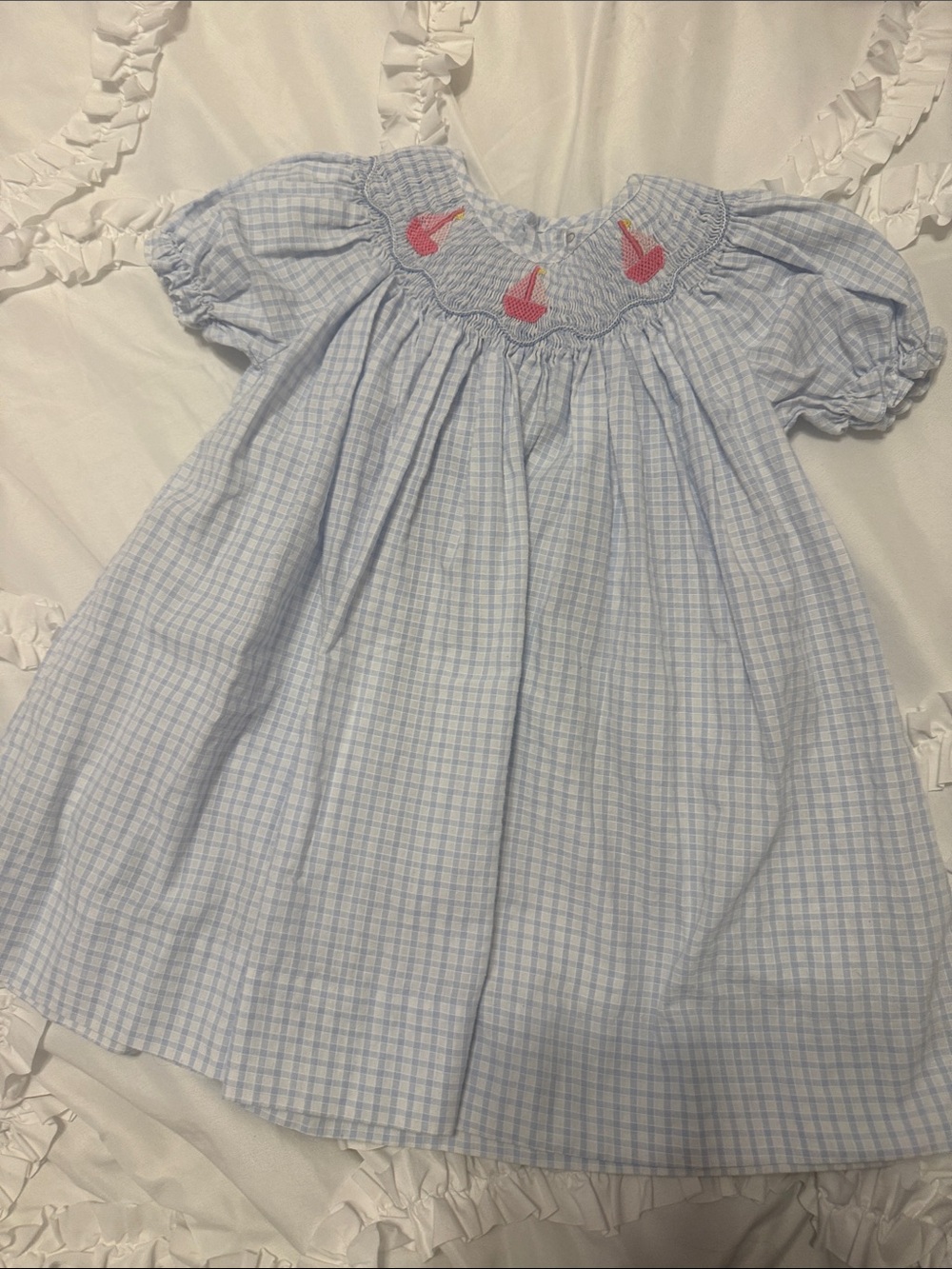 Classic Blue Plaid Smocked Kids Dress with Pink Boat Accents